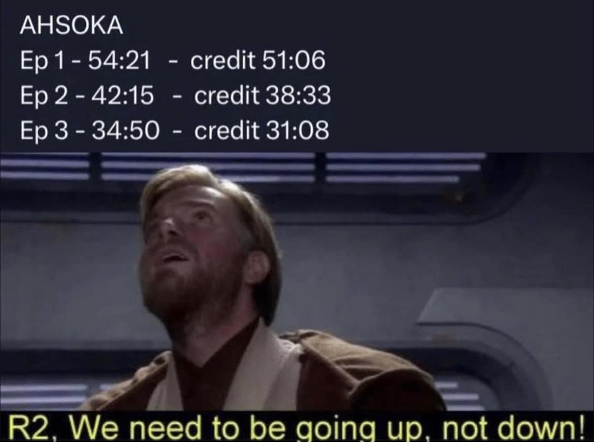 This meme is an image of a character from the anime series "My Hero Academia" (Izuku Midoriya) looking at a screen displaying a list of episode titles and times. The text at the top of the image reads "AHSOKA" and the bottom text reads "R2, we need to go back". The meme is likely referencing the Star Wars franchise and the character R2-D2's famous line "We need to go back" from the movie "Star Wars: Episode IV - A New Hope".